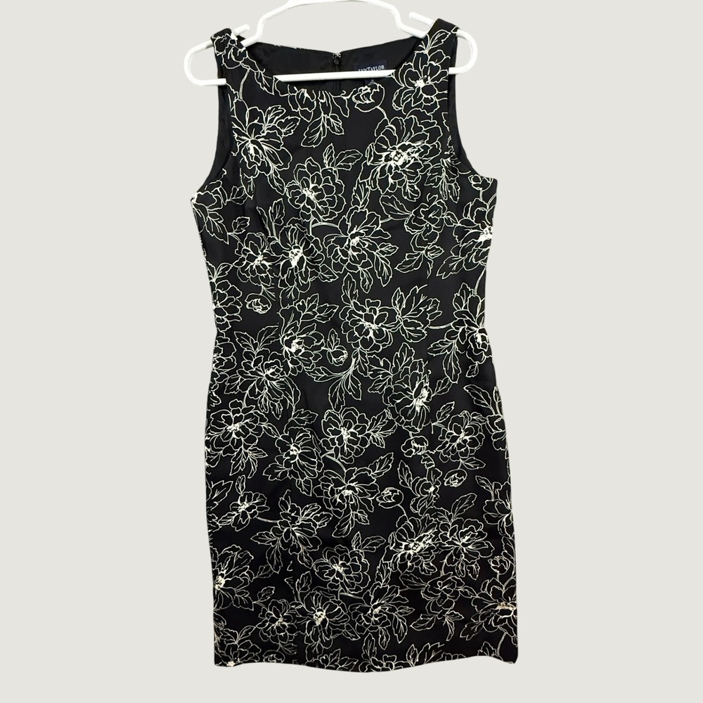 Ann Taylor Silk Floral Sheath Dress Black White Sleeveless Size 12 Boat Neck
